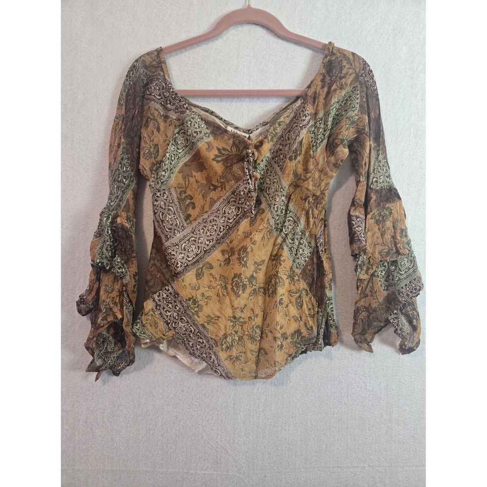 Phool Womens Top Size L Blouse Flare Long Sleeve Rayon Brown Boho Chic